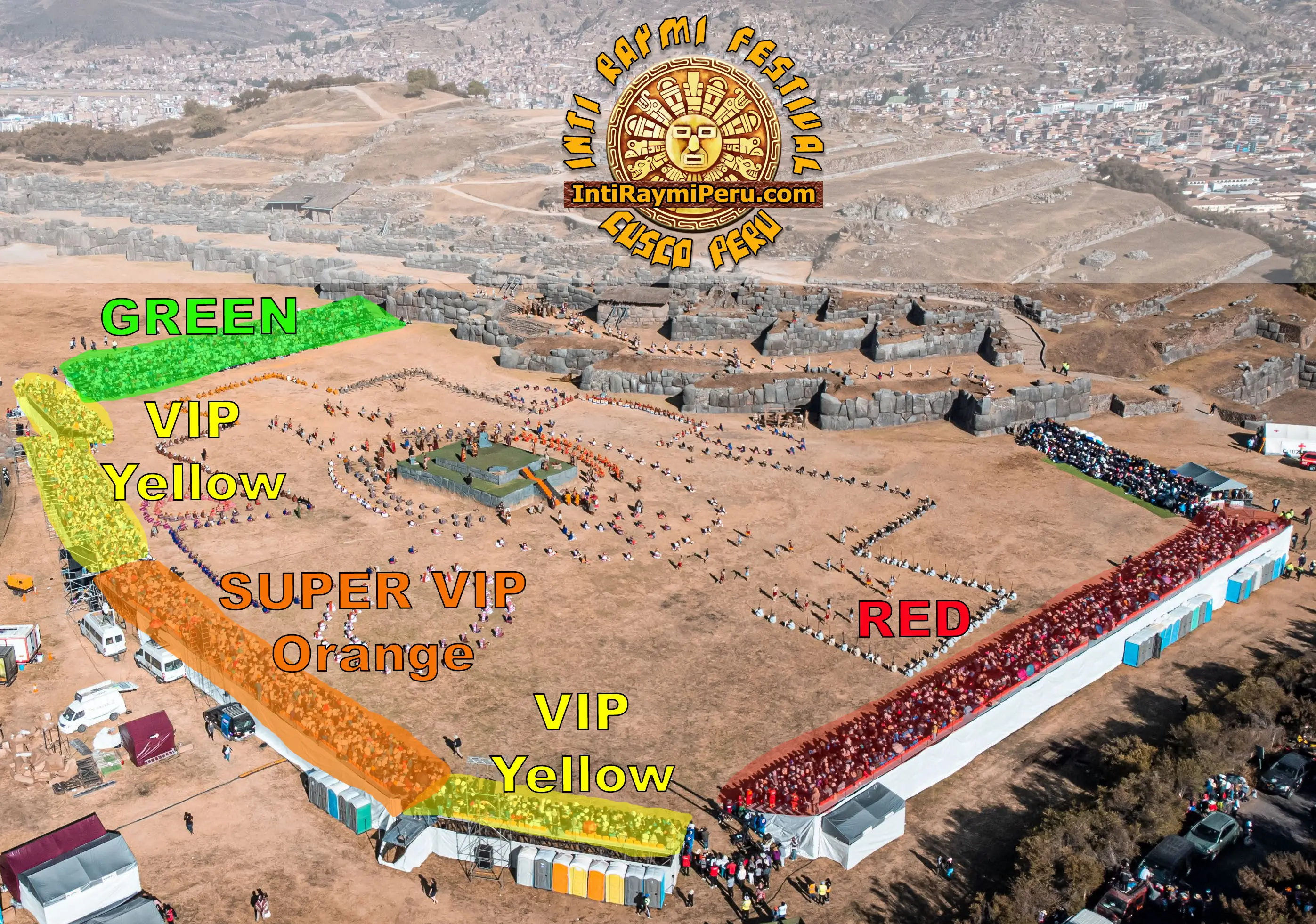 Inti Raymi 2026 ticket seating chart showing Orange Super VIP, Yellow VIP, Red and Green sections at Sacsayhuaman